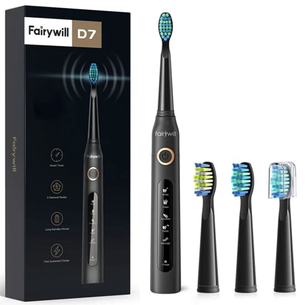 Fairywill Sonic Electric Toothbrush, Rechargeable Power Toothrush with 4 Brush Heads, 5 Modes and 2 Minutes Build in Smart Timer, Black - Walmart.com